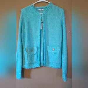 Aqua Sparkle Knit Cardigan with Fringe Pockets